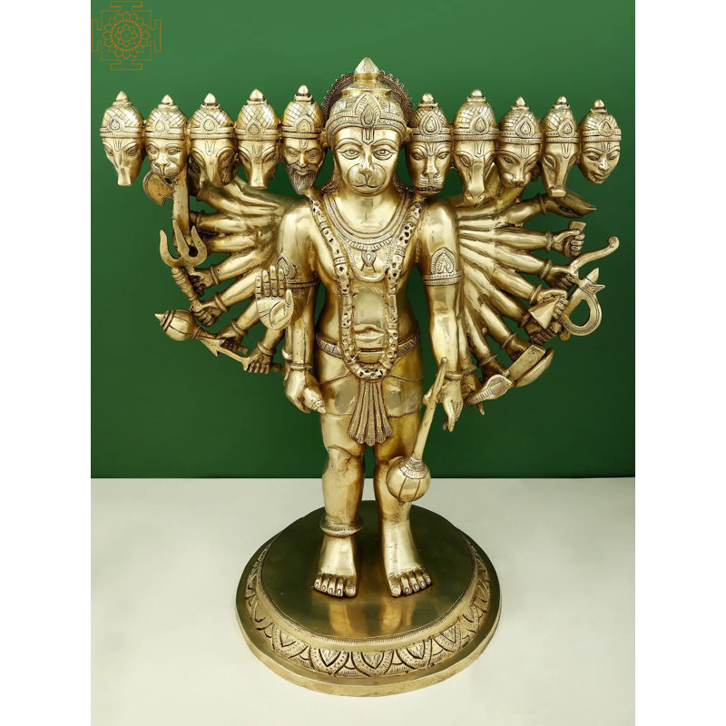 Statue de 29 po Panchamukhi Hanuman debout en laiton - Idole du dieu Hanuman à cinq têtes fabriquée à la main pour le temple et la décoration spirituelle