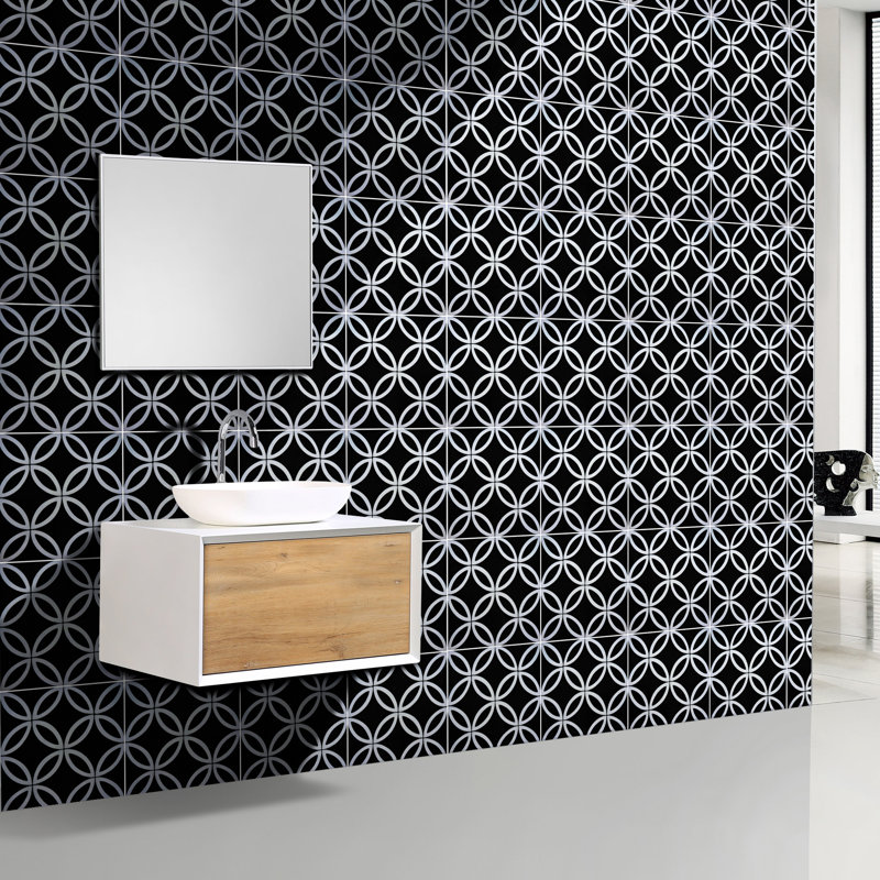 Amlo 8" x 8" Cement Patterned Wall & Floor Tile, Black/Gray