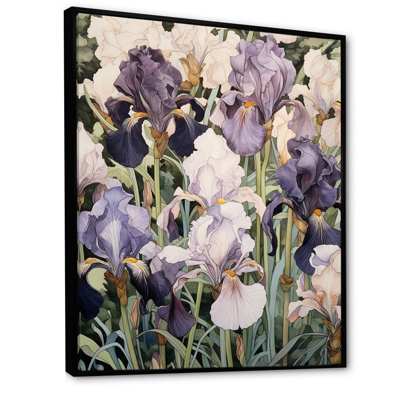 Iris mauve en fleurs dans les prés sauvages I sur toile, Cadre flottant noir, H 32 po x l 16 po x P 1 po