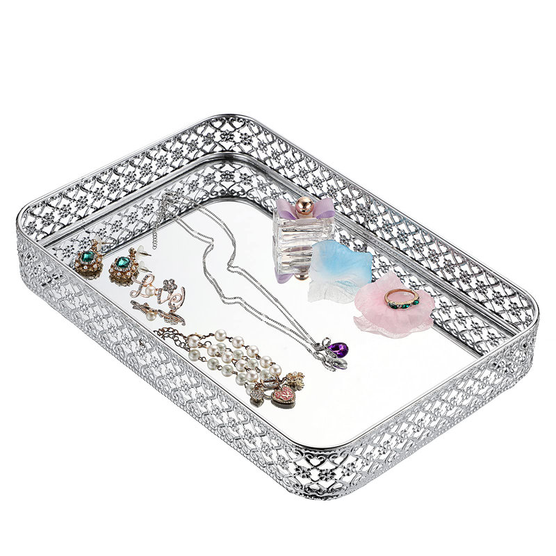 Perfume Mirror Vanity Tray, Hollow-Carved Jewellery And Makeup Organizer For Dresser And Bathroom Countertop