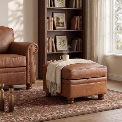  Vatinge Faux Leather Ottoman With Storage, 26" Square Upholstered Ottoman Footrest Stool With Solid Wood Legs For Living Room, Bedroom, Apartment, Caramel