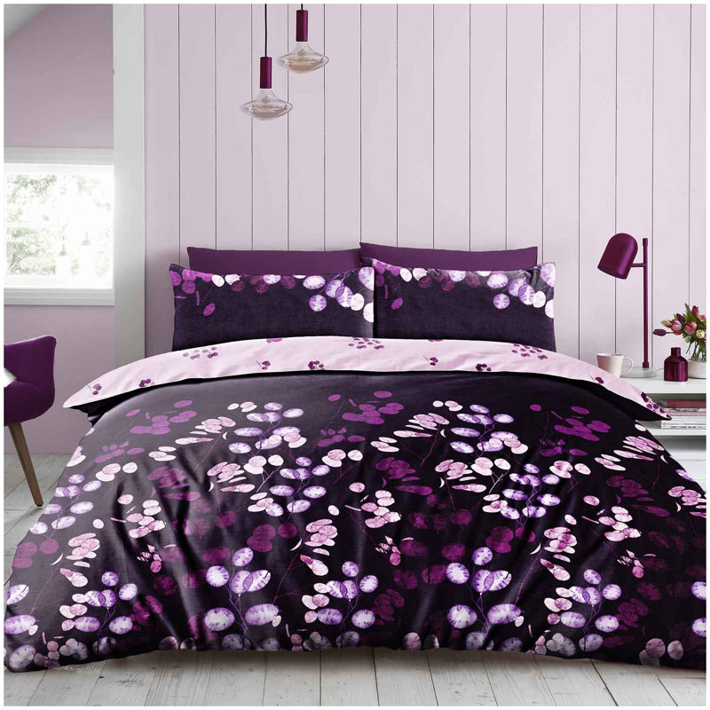 Duvet Cover Set with Pillowcases, Purple Floral, Double Duvet Cover Set + 3 Additional Pieces