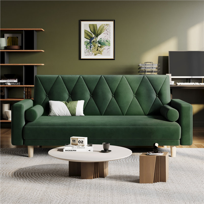 Tufted 3 Seater Sofa Bed, Velvet - Green