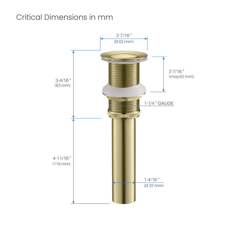 Bathroom Vessel Sink Pop Up Drain Stopper, Without Overflow, Brushed Gold