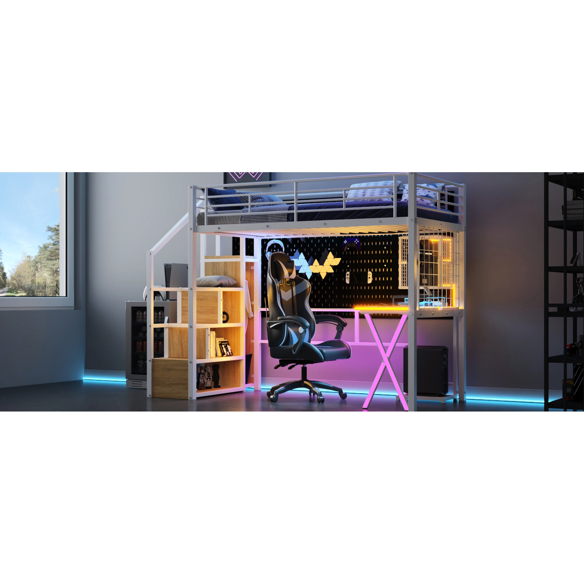 Isabelle & Max™ White Metal Loft Bed With Desk, Staircase Storage & Led