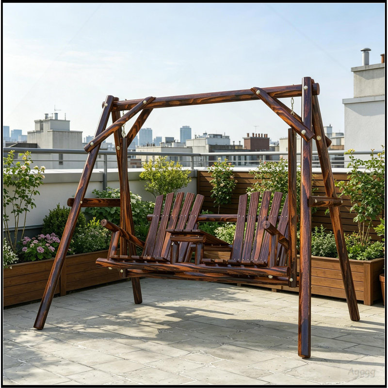Balancelle en bois avec support, balancelle de patio 2 places avec table centrale