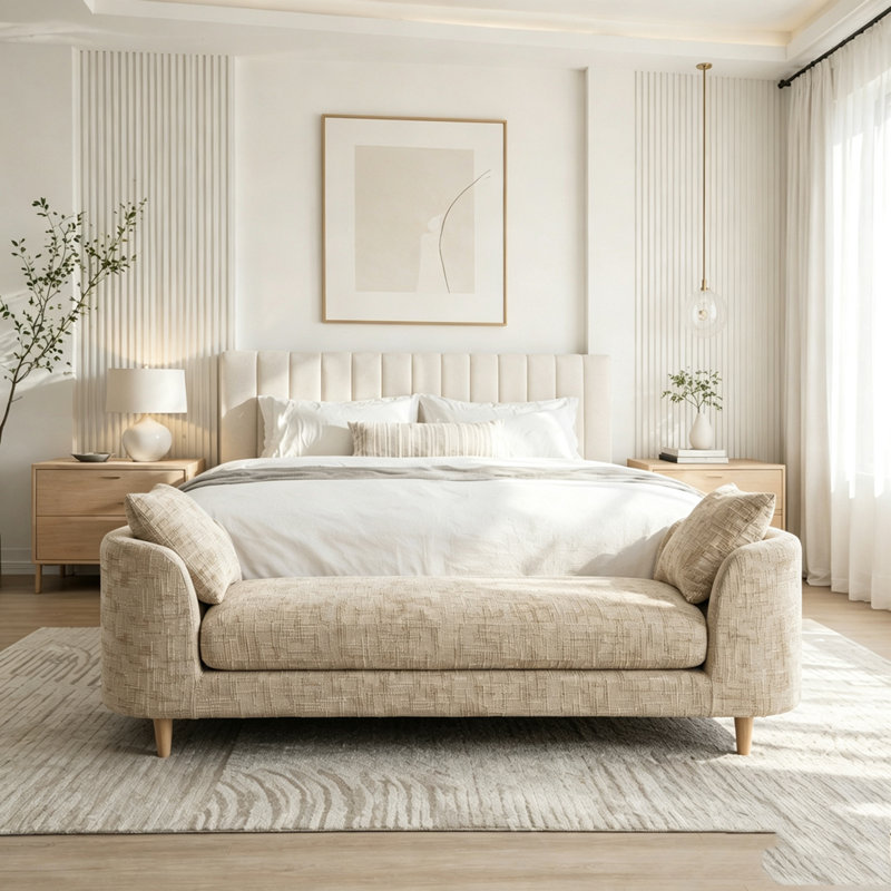 Banc de bout rembourré de 77,17 po de largeur avec accoudoirs, Beige-BLÉ
