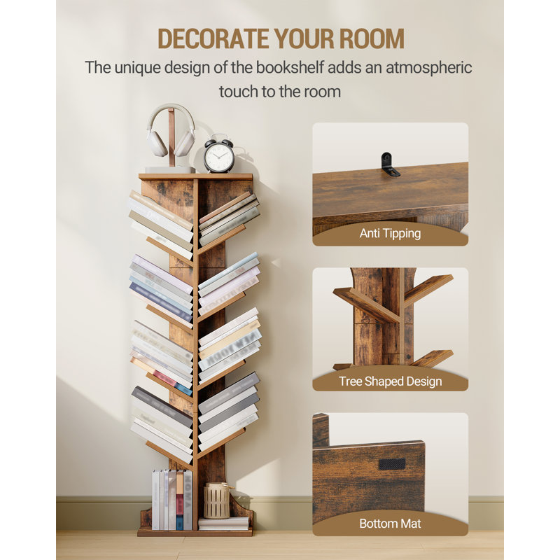 Tree Bookshelf, 11 Tier Floor Standing Bookcase, Narrow Bookcase, Display Shelf for Living Room, Home, Office, Bedroom, Rustic Brown 