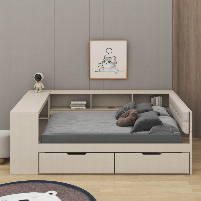 Lit plateforme double avec tiroirs, station de charge et tête de lit tapissier
