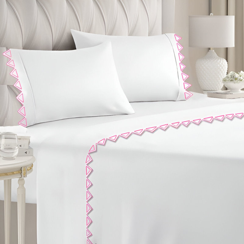 Ashley 400TC Cotton Traingle Embroidery Cotton 4 Piece Sheet Set Fitted Sheet Fits Upto 16" Deep Pocket, Full XL Sheet Set