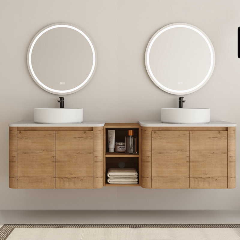  Eaton 72" Wall-Mounted Double Bathroom Vanity with Engineered Stone Top, White, 72"