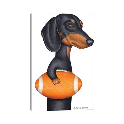 Teckel noir tenant un ballon de football orange par Danny Gordon - Giclée sur toile tendue avec châssis