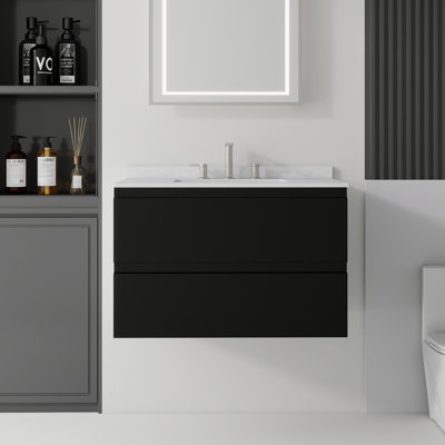Meuble-lavabo suspendu de 76 cm avec lavabo en céramique, armoire en contreplaqué, comptoir et dosseret en marbre synthétique blanc de Carrare, 2 tiroirs à fermeture douce, noir (robinet non inclus)