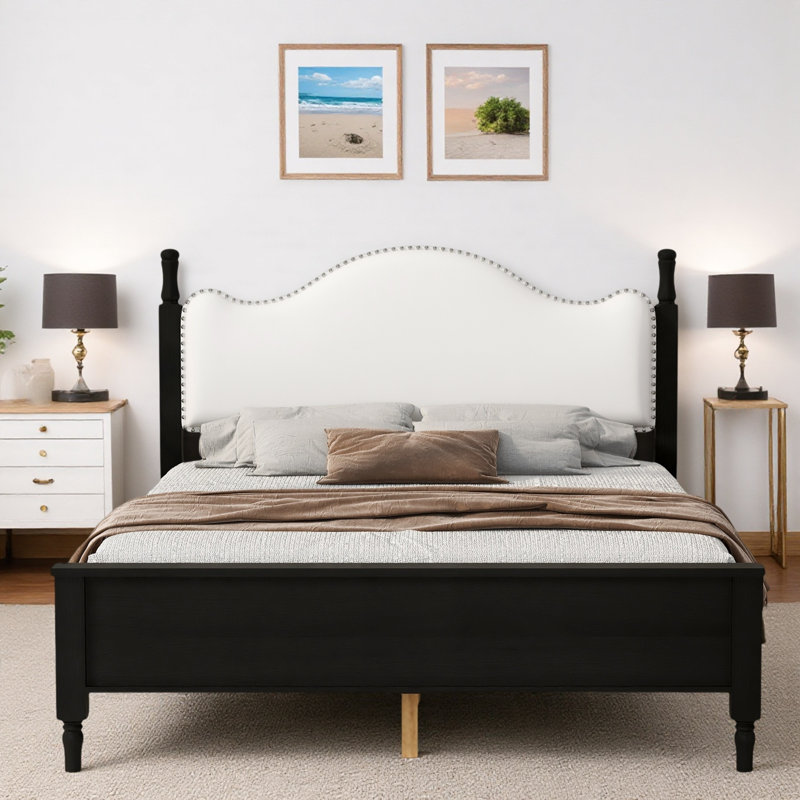 Lit plateforme en bois avec tête de lit courbée et capitonnée et garniture cloutée, Grand lit, Noir