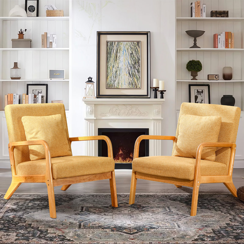 Fanci 25.6" Wide Accent Chair, Yellow Linen / Medium Yellow Wood