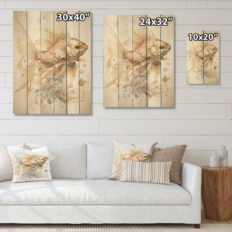Golden Fish Elegance - Art mural en bois de poisson sur bois de pin naturel, H 32 po x l 24 po