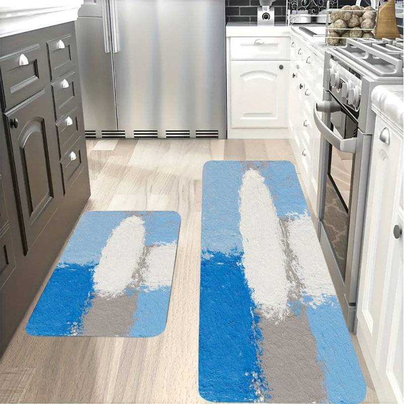 Tapis de cuisine abstraits bleus et blancs, 2 tapis modernes pour la cuisine et le salon