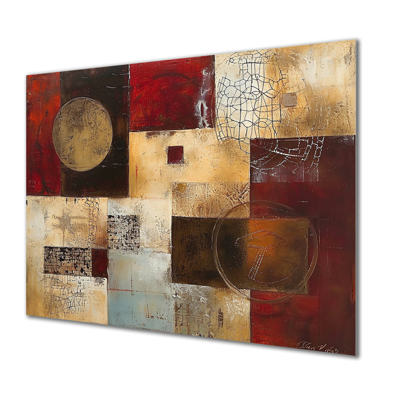 «Golden Moon Cubist Abstract Faded Red», art mural géométrique, Métal métal, H 24 po x l 32 po