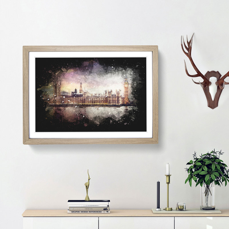Big Ben & Houses Of Parliament Paint Splash - Picture Frame Graphic Art, 33cm H x 45cm W x 2cm D, Oak Framed