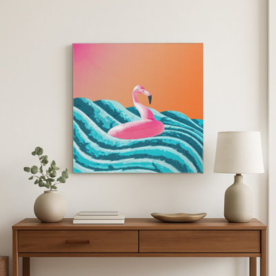 Flamant rose flottant sur les vagues — Décoration murale carrée en métal