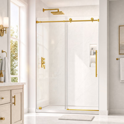 Porte de douche coulissante sans cadre de 44 à 48 po x H 78 po avec verre trempé Sgcc de 3/8 po (10 mm), revêtement Nano Easy Clean, installation réversible, Hardwares en acier inoxydable or brossé
