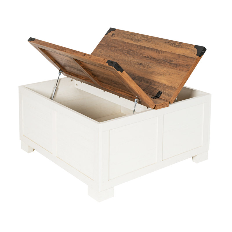 Table basse Modern Farmhouse avec plateau relevable et rangement, Chêne rustique, Blanc