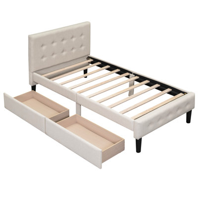 Twin Upholstered 2 Platform Bed In Beige - Firm & Modern Appeal With 2 Drawers Classy