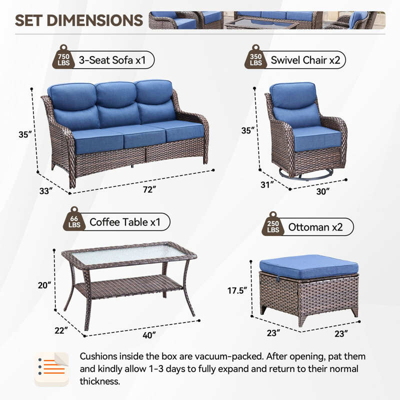 Wickes Haven 6-Pieces PE Wicker Outdoor Patio Conversation Set With 6" Thickness Cushions, Blue, Brown