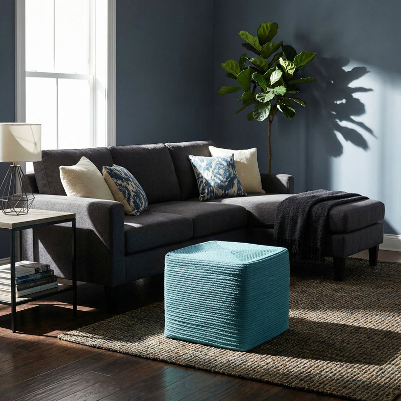 Aspenson Square Rope Pouf Ottoman, Aqua Polyester Blend
