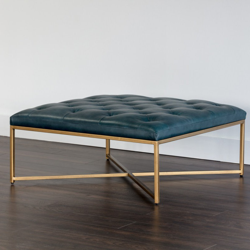 Endall Square Leather Tufted Cocktail Ottoman, Peacock Genuine Leather