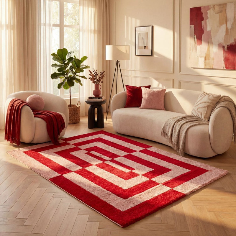 Joli Geometric Area Rug Soft Dense Pile for Living Rooms and Bedrooms, Red/Pink, Rectangle 80 x 150 cm