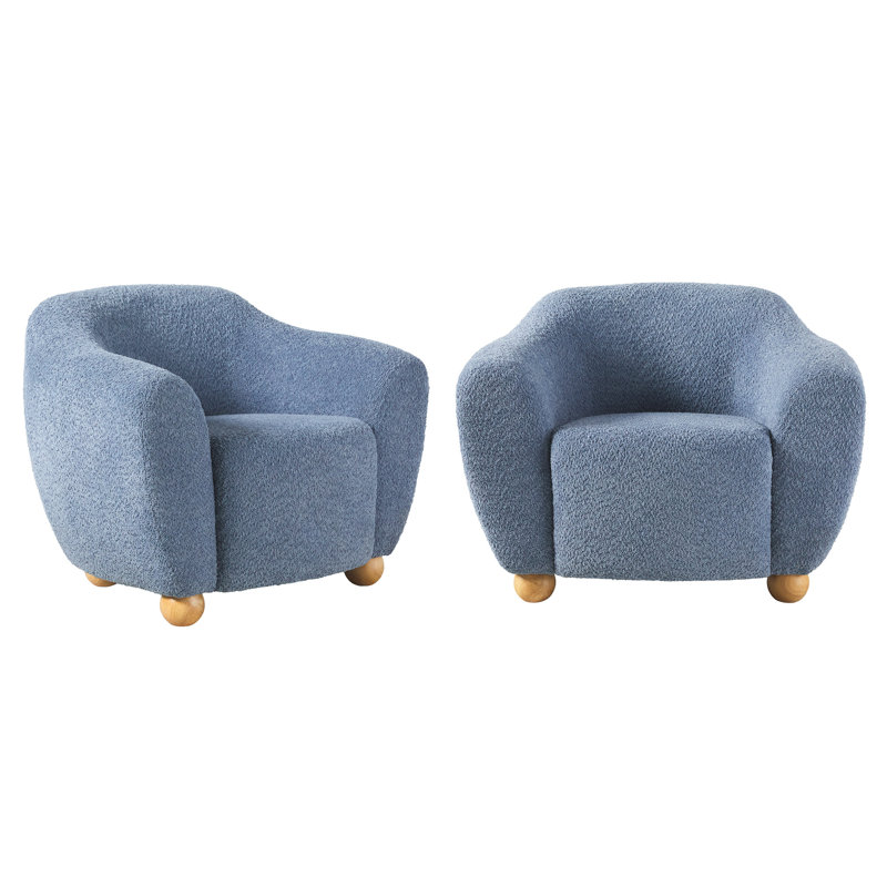  2-Pack Contemporary Bouclé Upholstered Lounge Chairs With EZ Assembly Wood Legs, Blue