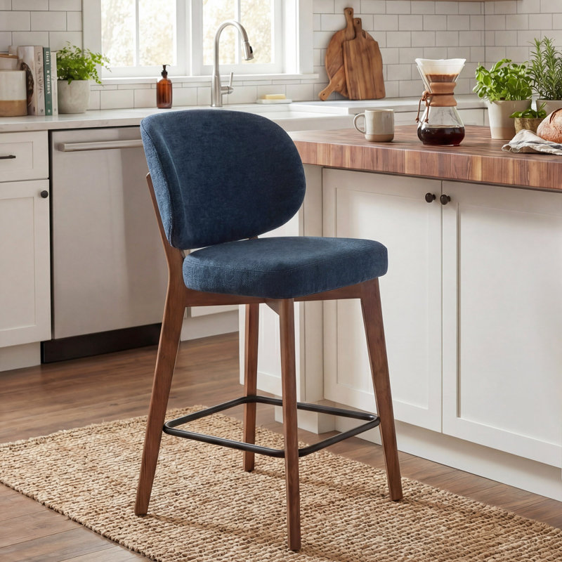 Tabouret de bar Mid-Century moderne, tabouret de bar rembourré en tissu avec dossier à oreilles, tabouret de bar à hauteur de comptoir sans accoudoirs avec pieds en bois, repose-pieds en métal, pour comptoir de bar pour îlot de cuisine, bleu marine, simple