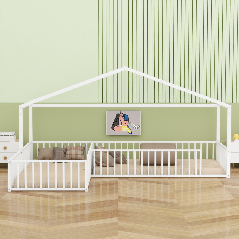 Structure de lit en métal avec clôture Montessori, Blanc