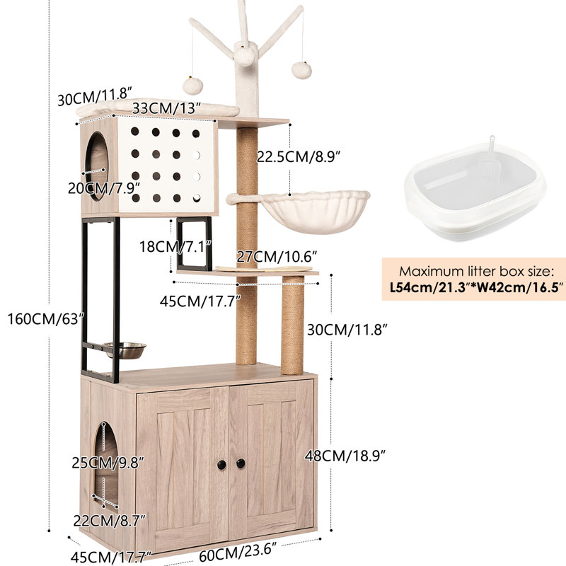 Arbre à chat peu encombrant avec bac à litière, poteaux à griffer à 3 niveaux, aire d'alimentation et bâtons amovibles, panneau de particules et matériau American Design In 1 Design, plateau coulissant, fabriqué en