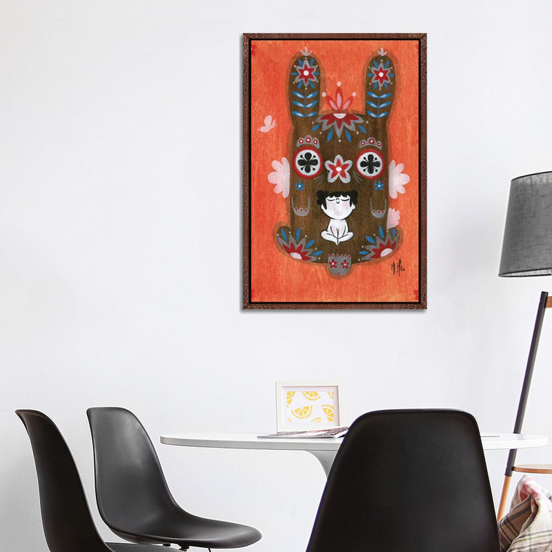Folk Blessings - Bunny by Martin Hsu - Painting on Canvas, Classic Brown Wood Framed, 101.6 cm H x 66.04 cm W