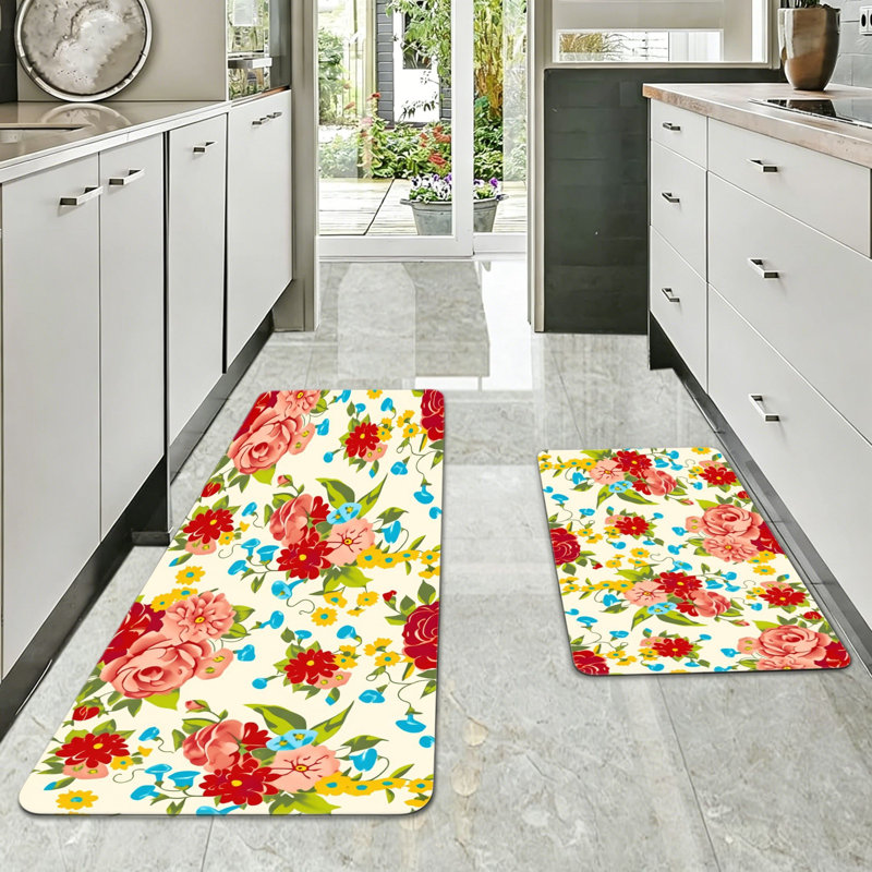 Ensemble de 2 tapis de cuisine Vintage Rose Mixed Floral Floral Cream