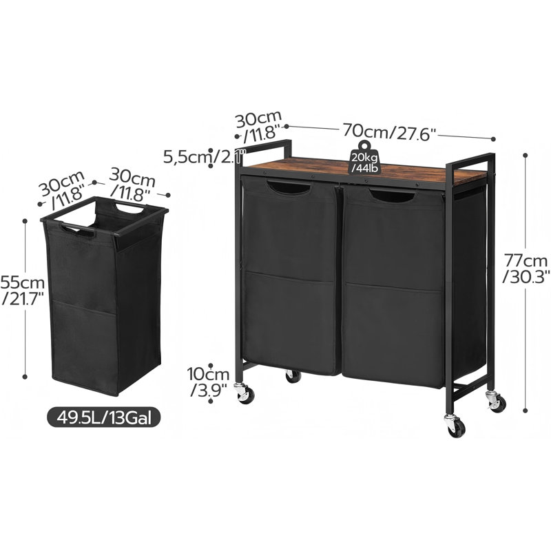 Laundry Hamper, Laundry Sorter 2 Section, Laundry Basket With Wheels, Rolling Cart, Pull-Out And Removable Oxford Fabric Bags