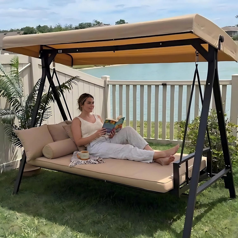 Porch Swing Convertible Ourdoor Daybed with Adjustable Tilt Canopy Heavy-Duty Steel Frame 3-Seat Porch Swing with Stand and Removable Cushions for Backyard Garden Deck Balcony (Beige)