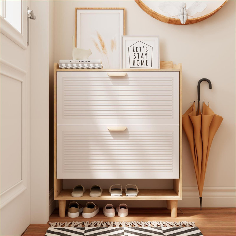 Cabinets | 31.5 Inch Narrow Freestanding Shoe Storage Cabinet with 2 Flip Drawers, Solid Wood Legs, Off-white &amp; Natural Wood | Scandinavian | Entryway