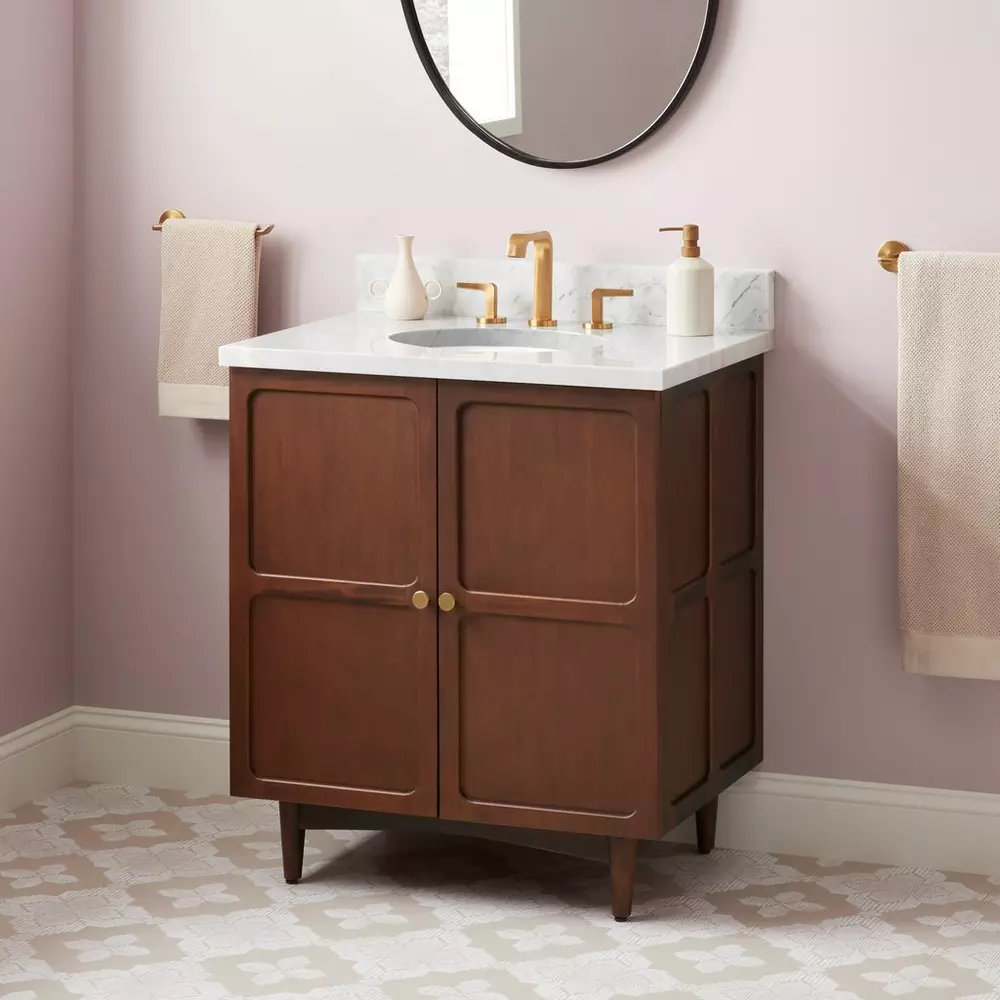 Delavan 30" Mahogany Single Bathroom Vanity, 8" Widespread, Carrara Marble