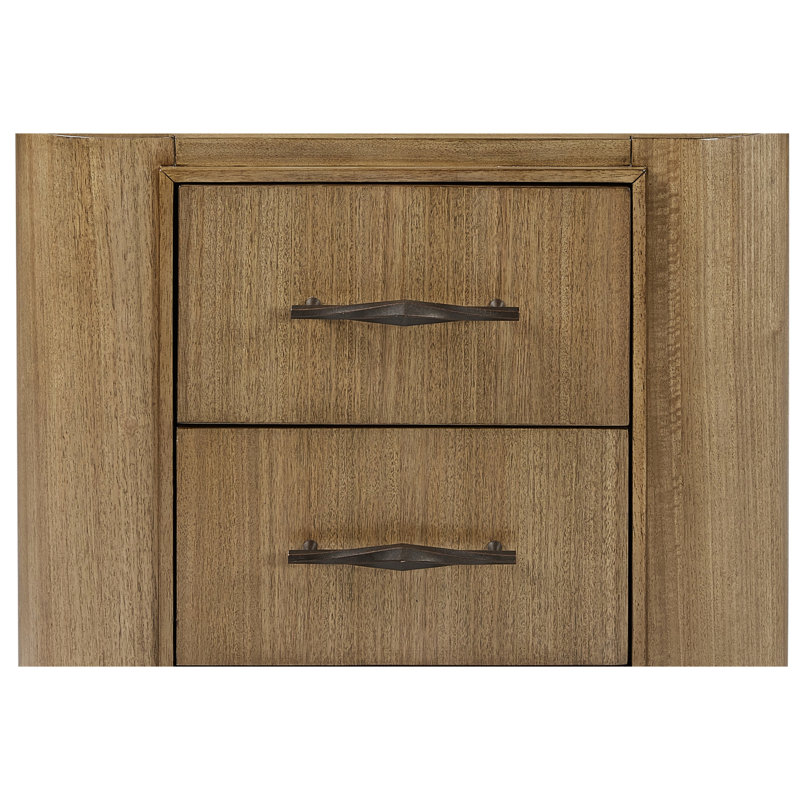Table de chevet 2 tiroirs en placage d'eucalyptus brun clair, mouvement doux à fermeture en douceur, doublé de feutre pour un rangement sûr, charge intégrée, 18,5 po de largeur, 28 po de profondeur, 26 bois massif et brun clair, tiroirs, montres, largeur,