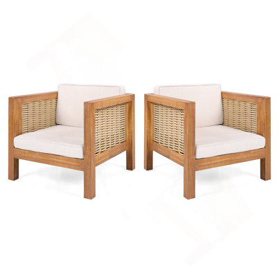 Outdoor Club Chair Set of 2, Acacia Wood Frame with Wicker Armrest and Beige Cushions,400 lbs Capacity