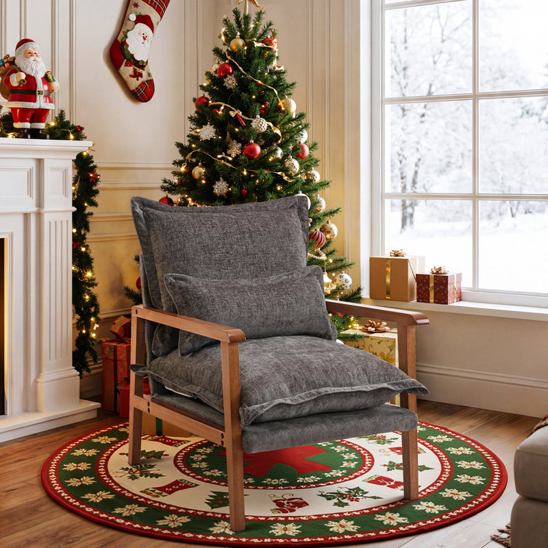 Chenille Accent Chair Armchair With Pillow, Gray, Walnut