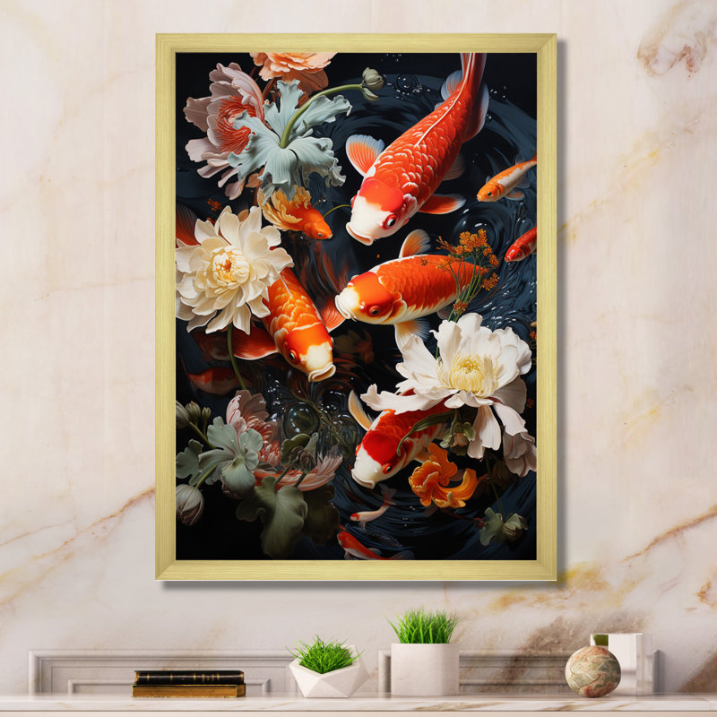«Asian Art Infinite Koi I», reproduction d'art sur toile, H 40 po x l 30 po x P 1,5 po, Cadre doré simple