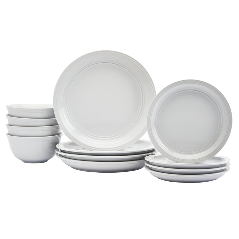 Tabletops Gallery Farmhouse 12 Piece White Stoneware Round Dinnerware Set- Service for 4