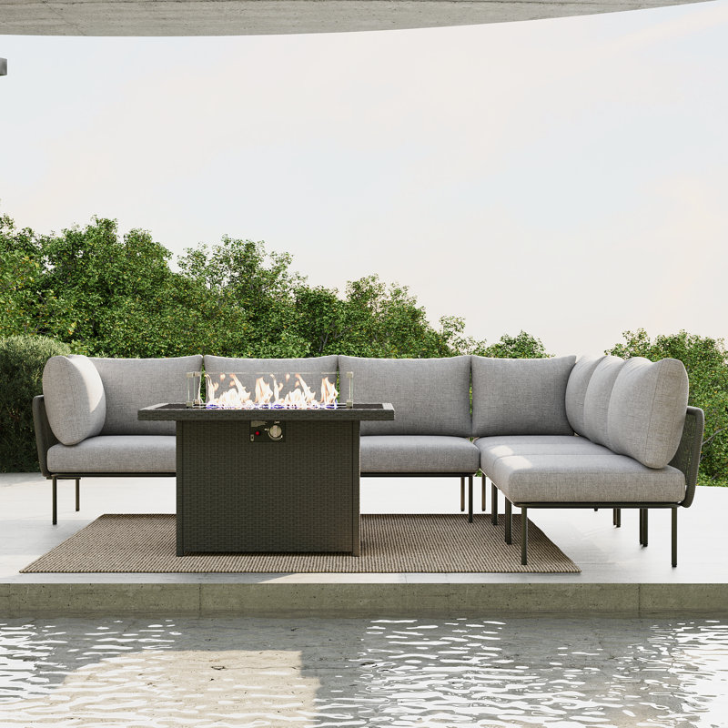 Latitude Run® 7 Pieces Aluminum Patio Furniture Set, Modern Modular Sectional Sofa with Fire Pit Table and Upgrade Thickness Cushion