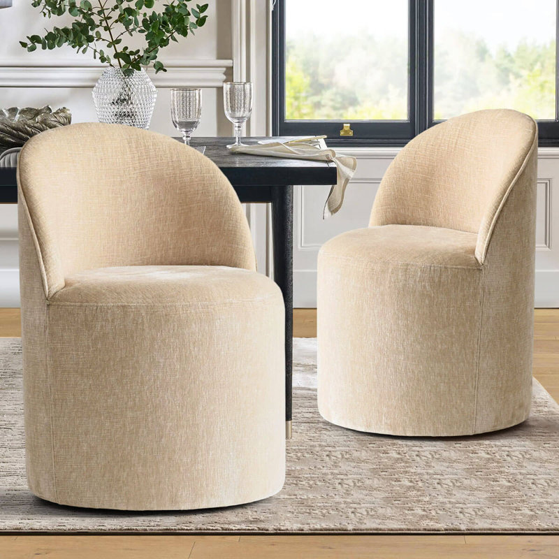 Rolling Chenille Upholstered Swivel Dining Chair With Hidden Casters, Soft Tan