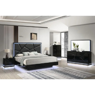 Ventnor 4-piece Modern Black High-gloss Queen Led Bedroom Set