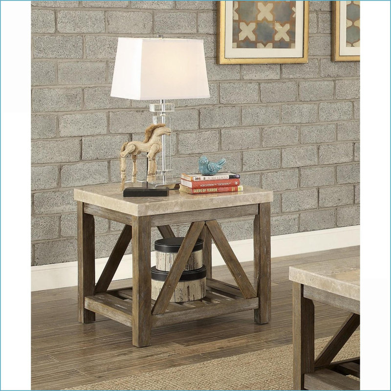 Table basse de style industriel avec plateau en marbre blanc crémeux, base en bois patiné Tablette inférieure peu encombrante pour le salon
